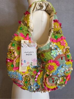 NWT Handmade in India Beaded Floral Sequin Shoulder Bag Boho Statement Purse